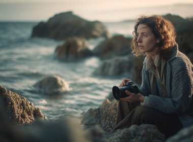 Editorial photo wide shot from side of woman, sitting in ocean rocks, taking picture, sharp focus, 35mm lens, 8k, shot from movie, cinema composition shot, professional color grading, epic volumetric lighting, sharp focus, film grain --s 1000 --ar 16:9 --v 5