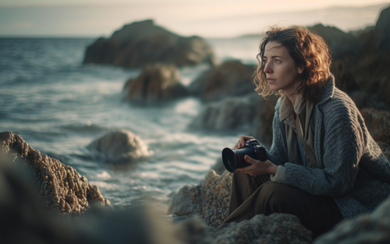 Editorial photo wide shot from side of woman, sitting in ocean rocks, taking picture, sharp focus, 35mm lens, 8k, shot from movie, cinema composition shot, professional color grading, epic volumetric lighting, sharp focus, film grain --s 1000 --ar 16:9 --v 5