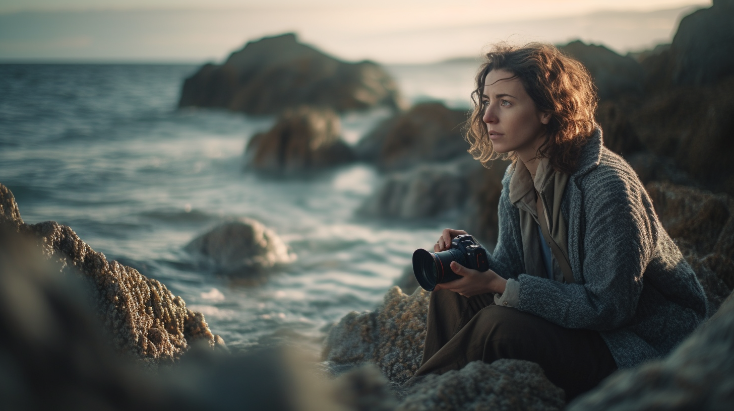 Editorial photo wide shot from side of woman, sitting in ocean rocks, taking picture, sharp focus, 35mm lens, 8k, shot from movie, cinema composition shot, professional color grading, epic volumetric lighting, sharp focus, film grain --s 1000 --ar 16:9 --v 5